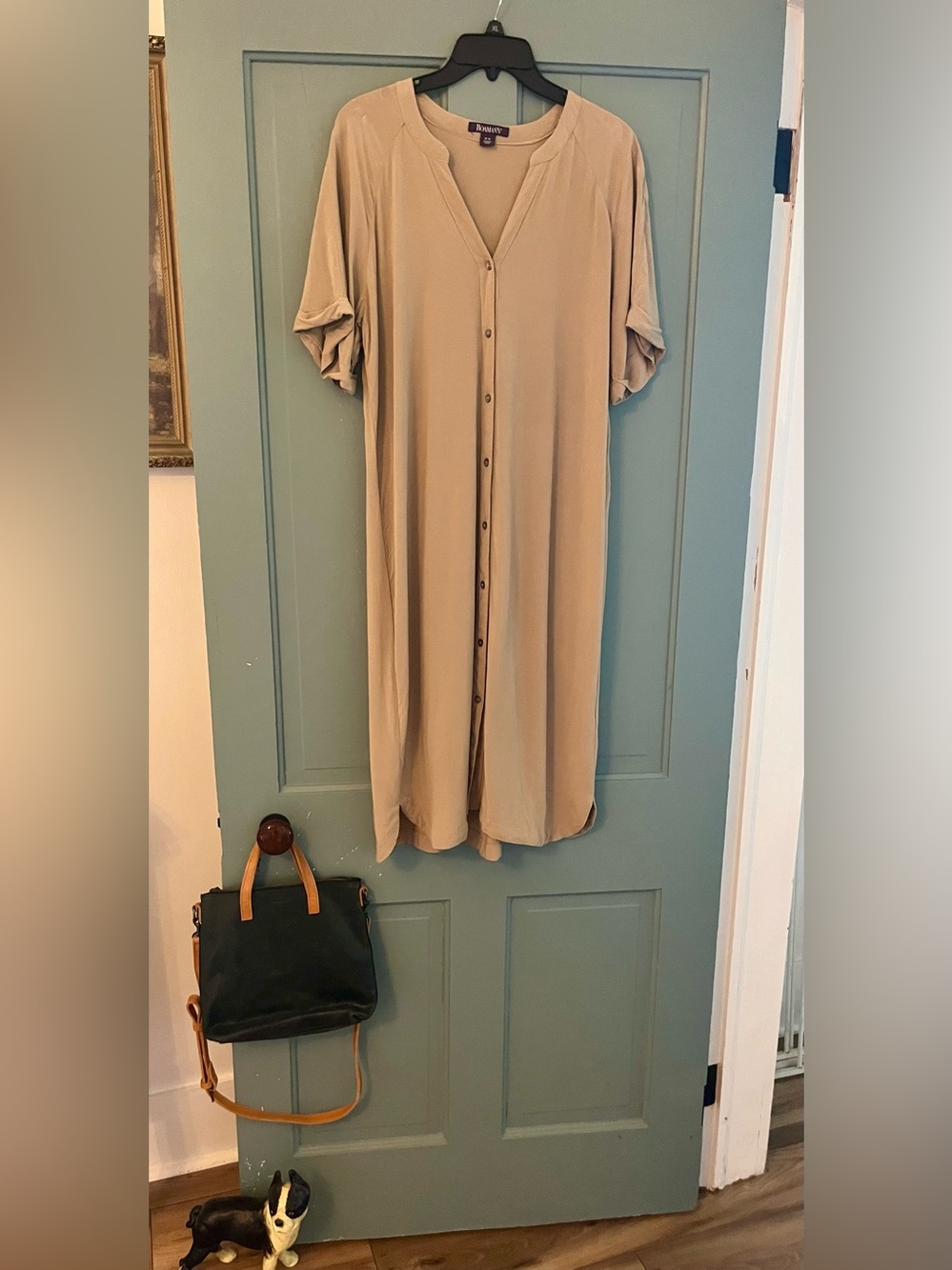 Roaman's Beige Button-Front Midi Dress